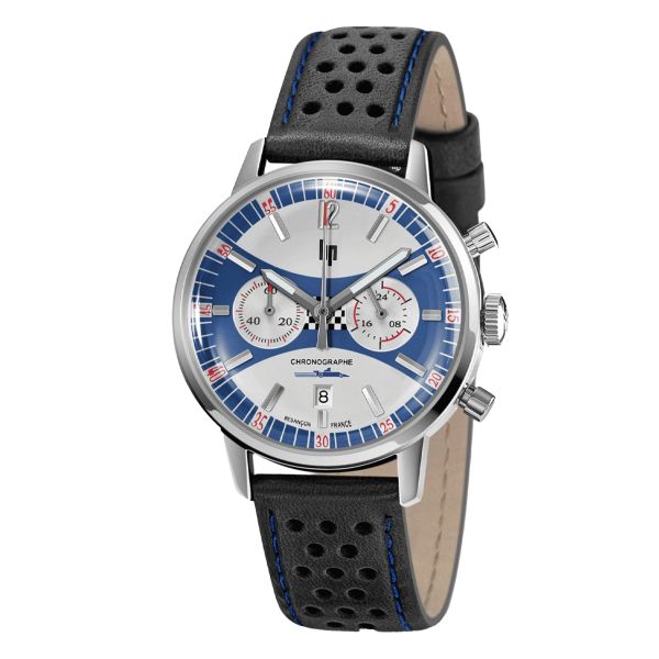 Montre Lip Rallye Chrono "Grand Prix de France Historique" méca-quartz cadran argenté et bleu bracelet cuir 39 mm