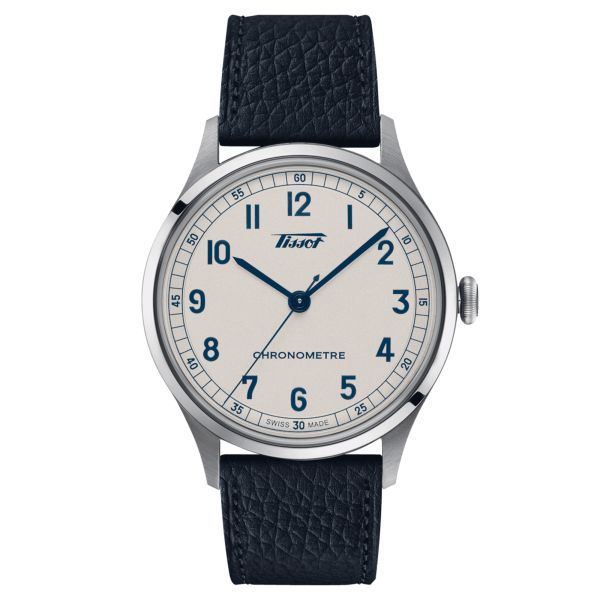 Montre Tissot Heritage COSC 1938 automatique cadran blanc bracelet cuir bleu 39 mm T142.464.16.032.00