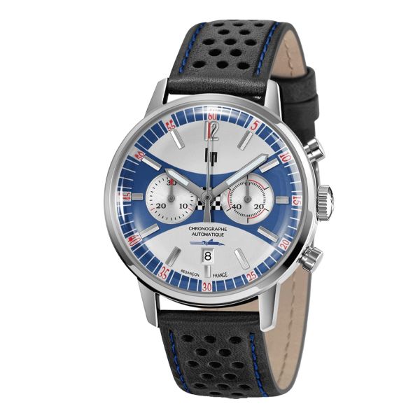 Montre Lip Rallye Chrono "Grand Prix de France Historique" automatique cadran argenté et bleu bracelet cuir 42 mm