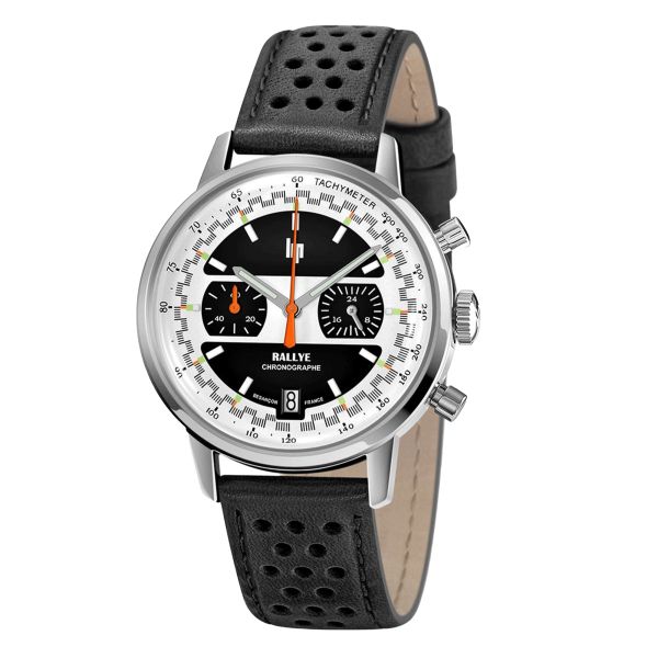 Montre Lip Rallye Chrono méca-quartz cadran noir et blanc bracelet cuir 39 mm