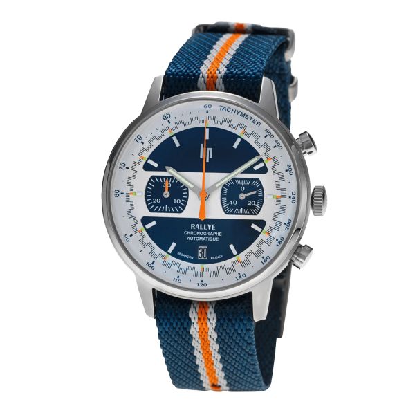 Montre Lip Rallye Chrono automatique Jacquard cadran blanc et bleu bracelet cuir 42 mm