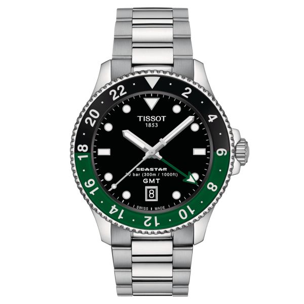 Montre Tissot Seastar 1000 GMT quartz lunette noire et verte cadran noir bracelet acier 40 mm T120.852.11.051.00