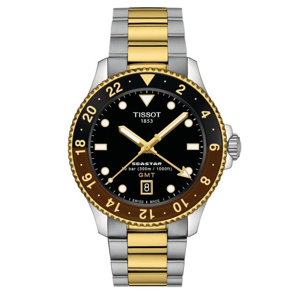 Tissot Seastar 1000 GMT PVD Yellow Gold quartz watch black and brown bezel black dial 40 mm T120.852.22.051.00