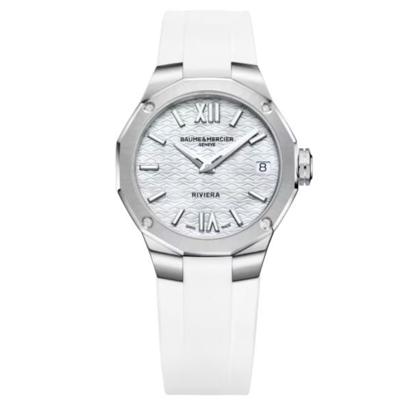 Baume et Mercier Riviera Diamants quartz watch white mother-of-pearl dial white rubber strap 33 mm