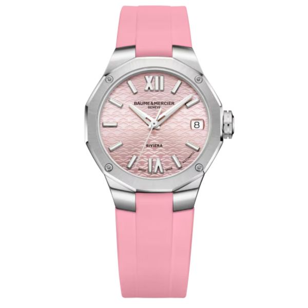 Montre Baume et Mercier Riviera automatique cadran rose bracelet caoutchouc rose 33 mm