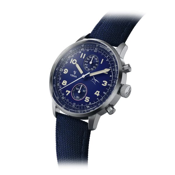 Montre Yema Flygraf Bi-Compax AAE Meca-Quartz cadran bleu bracelet tissu bleu 40 mm