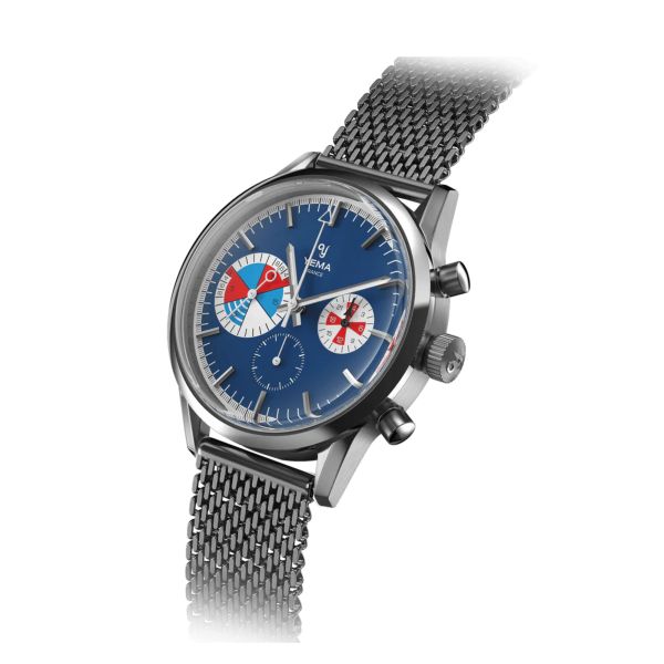 Montre Yema Yachtingraf Croisière Meca-Quartz cadran bleu bracelet acier milanais 38,5 mm