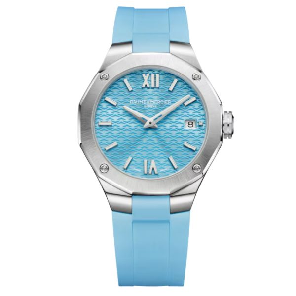 Montre Baume et Mercier Riviera automatique cadran bleu bracelet caoutchouc bleu 36 mm