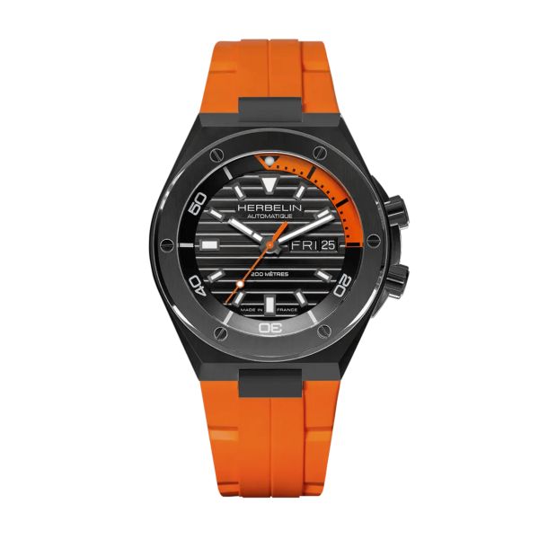 Herbelin Cap Camarat Diver Automatic Black DLC black dial orange FKM rubber strap 42 mm