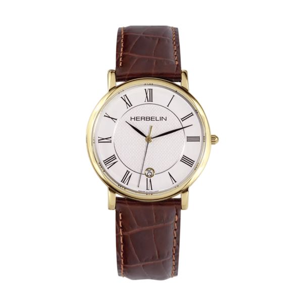 Herbelin Classique quartz steel PVD yellow gold silver dial brown leather strap 38 mm