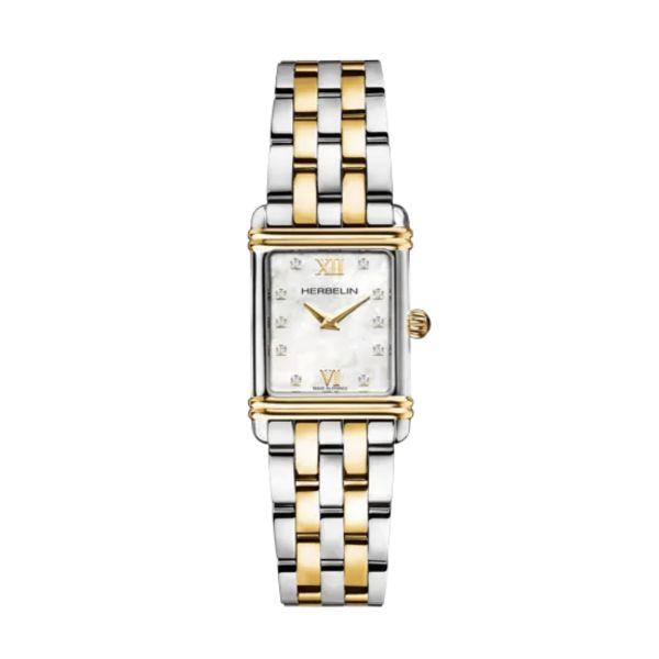 Herbelin Art Deco quartz white mother-of-pearl dial diamond markers steel bracelet and PVD yellow gold 20,30 x 24,40 mm