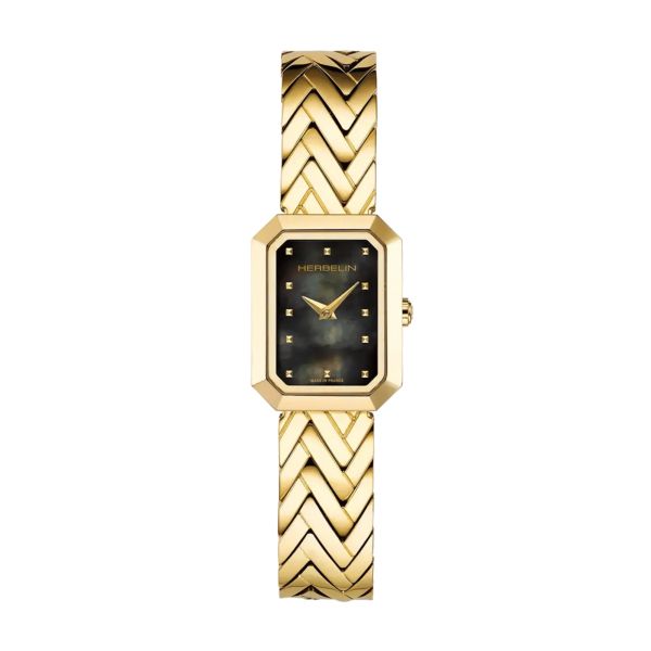 Herbelin Octogône Rectangle quartz PVD Yellow gold black mother-of-pearl dial steel bracelet 20,40 x 26,40 mm