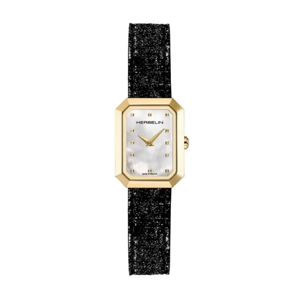 Herbelin Octogône Rectangle quartz PVD Yellow gold white mother-of-pearl dial leather strap 20,40 x 26,40 mm