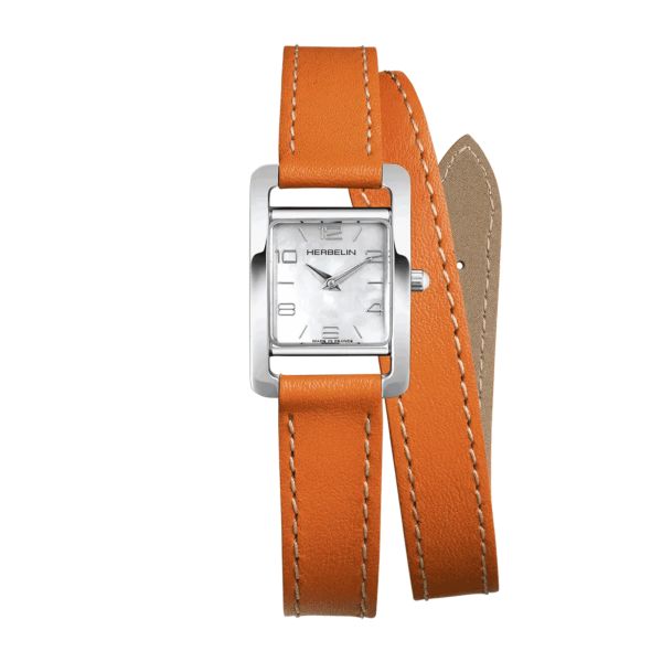 Herbelin V Avenue quartz mother-of-pearl dial orange leather strap double tour 20,5 x 19 mm