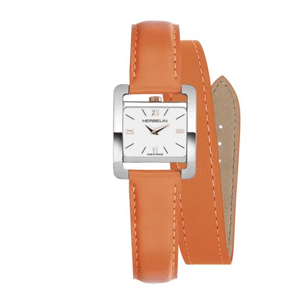 Herbelin V Avenue quartz white lacquered dial orange leather strap double tour 22,5 x 17mm