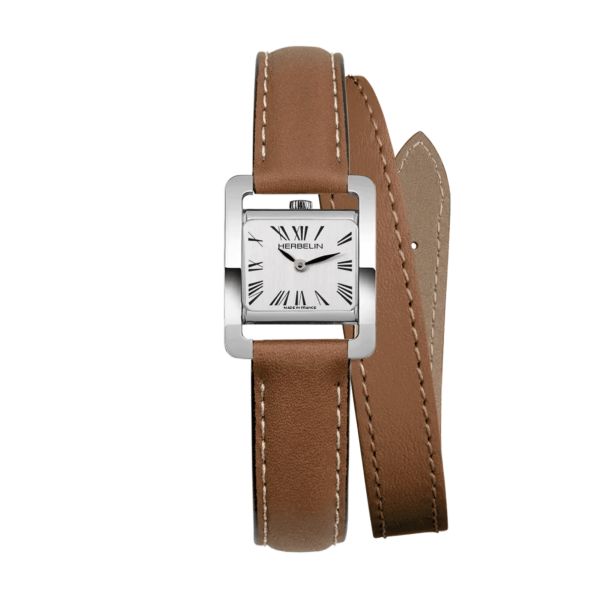 Herbelin V Avenue quartz silver dial brown leather strap double tour 22,5 x 17mm