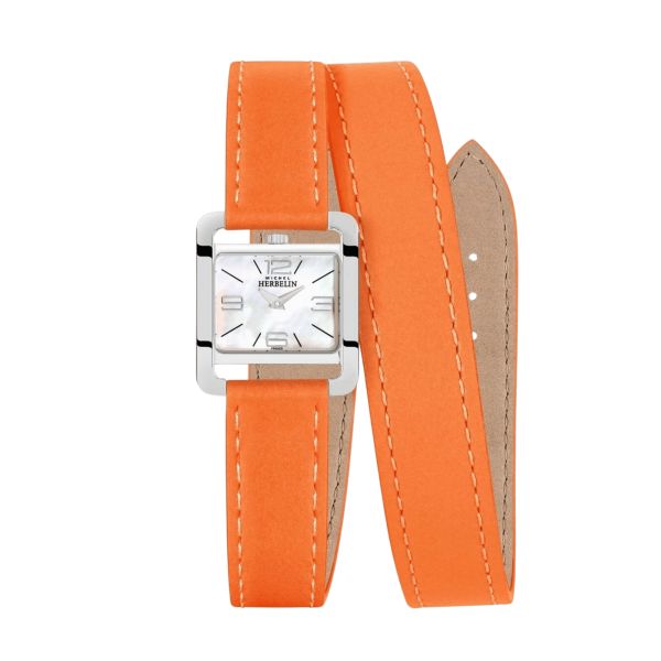 Herbelin V Avenue quartz mother-of-pearl dial orange leather strap double tour 25,5 x 19 mm