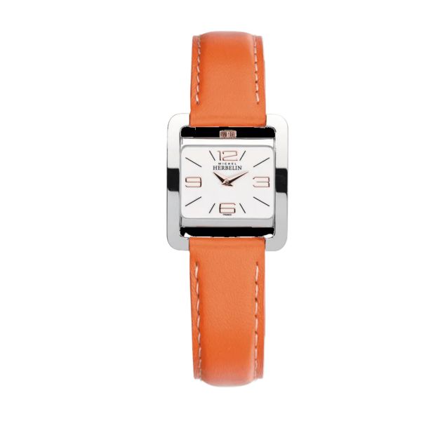 Michel Herbelin V Avenue quartz white dial orange leather strap 25,5 x 19 mm