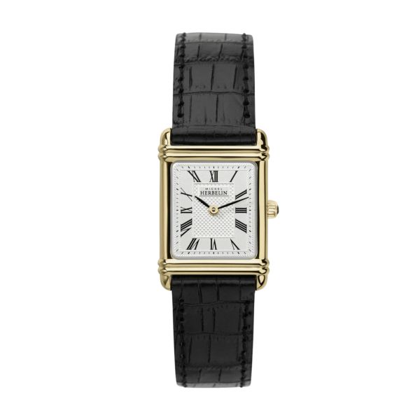 Michel Herbelin Art Déco Golden quartz silver dial black leather strap 20,30 x 24,40 mm