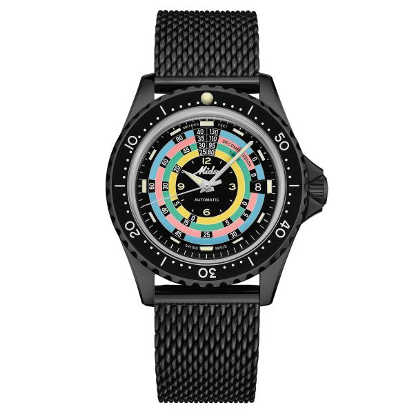 Mido Ocean Star Decompression Timer automatic watch multicoloured dial black Milanese mesh stainless steel bracelet 40.5 mm