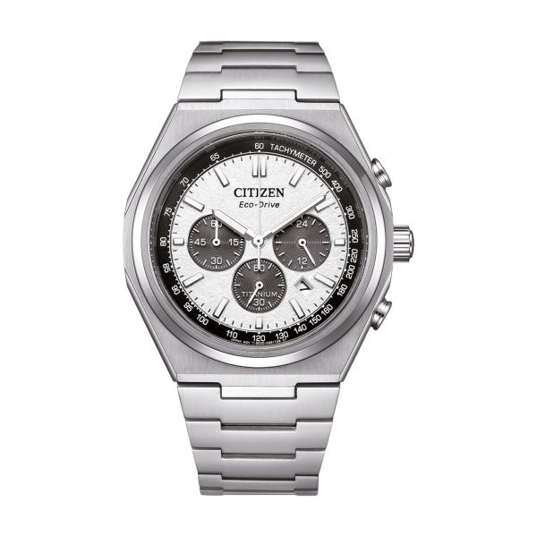 Montre Citizen Super Titanium Chronographe Quartz Eco-Drive cadran blanc bracelet titane 42,5 mm