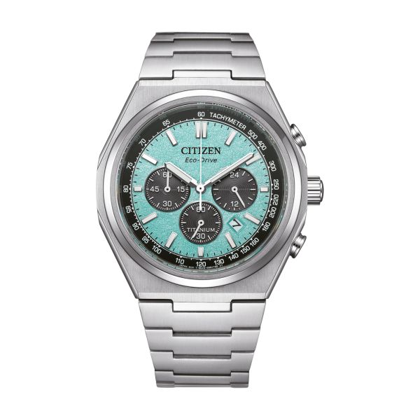 Citizen Super Titanium Chronograph Quartz Eco-Drive turquoise dial titanium bracelet 42,5 mm