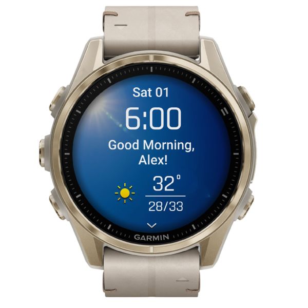 Garmin Fenix 8 AMOLED Sapphire Titanium Soft Gold watch with beige leather and ash grey silicone straps 43 mm