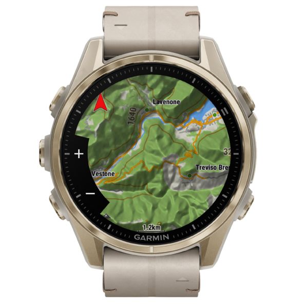 Garmin Fenix 8 AMOLED Sapphire Titanium Soft Gold watch with beige leather and ash grey silicone straps 43 mm Lepage