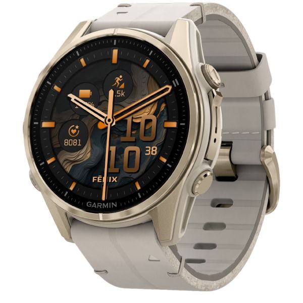 Garmin Fenix 8 AMOLED Sapphire Titanium Soft Gold watch with beige leather and ash grey silicone straps 43 mm