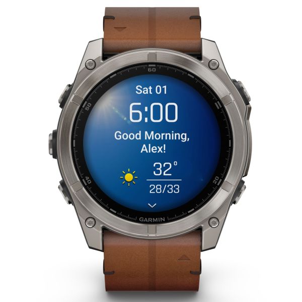 Garmin Fenix 8 AMOLED Sapphire Titanium Titanium watch brown leather and black silicone straps 51 mm