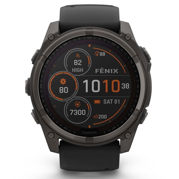 Garmin Fenix 8 Sapphire Solar Edition Titanium Carbon Gray DLC watch black silicone strap 51 mm