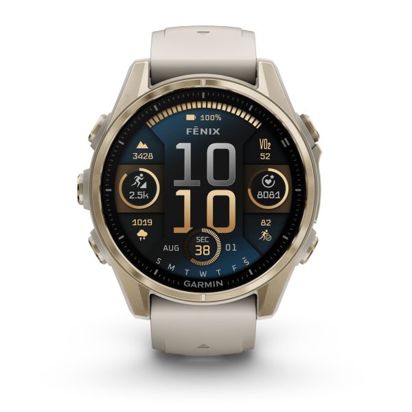 Garmin Fenix 8 AMOLED Sapphire Titanium Soft Gold watch with ash grey silicone strap 43 mm