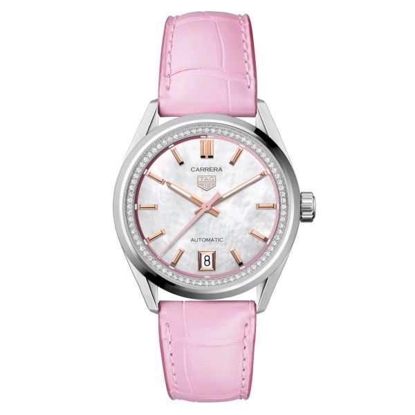 TAG Heuer Carrera Date automatic diamond watch white mother-of-pearl dial pink leather strap 36 mm WBN2315.FC8331