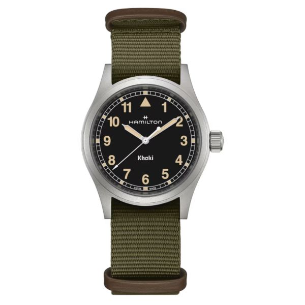 Hamilton Khaki Field quartz watch black dial kaki NATO strap 38 mm