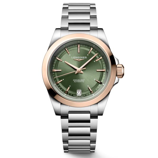 Longines Conquest automatic rose gold watch green dial steel and rose gold bracelet 34 mm