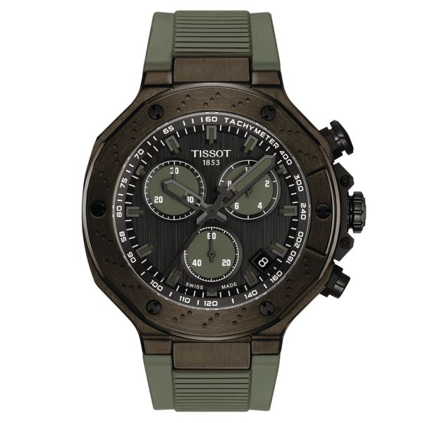 Montre Tissot T-Sport T-Race Chronograph quartz cadran gris bracelet silicone vert 45 mm T141.417.37.061.02