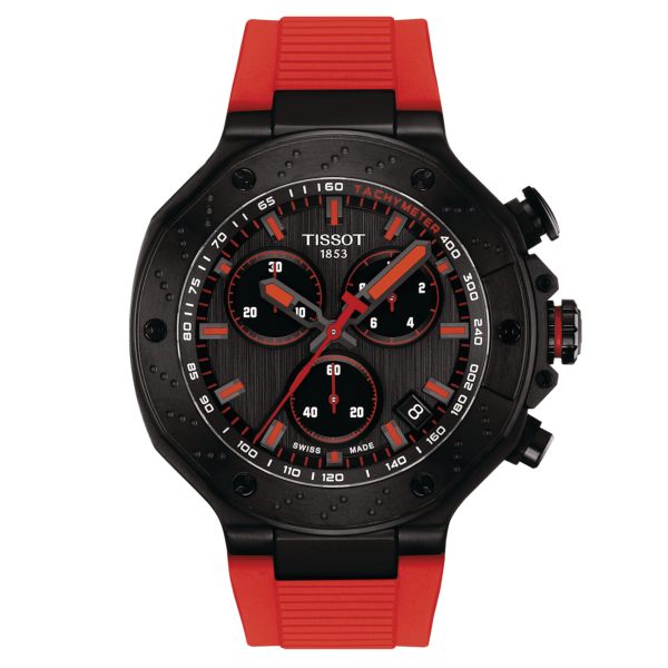 Montre Tissot T-Sport T-Race Chronograph quartz cadran gris bracelet silicone rouge 45 mm T141.417.37.061.01