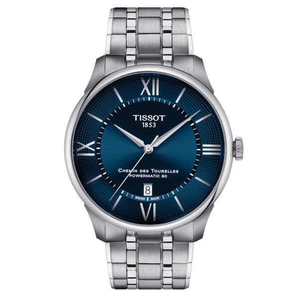 Montre Tissot T-Classic Chemin des Tourelles Powermatic 80 cadran bleu bracelet acier 42 mm T139.407.11.048.00