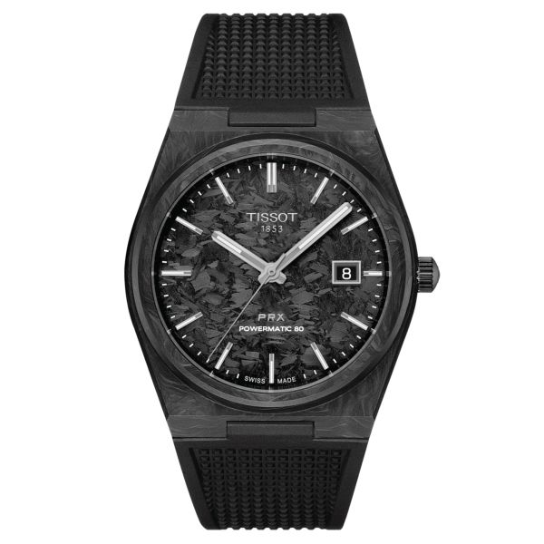 Montre Tissot PRX Powermatic 80 cadran carbone noir bracelet caoutchouc noir 40 mm T137.907.97.201.00