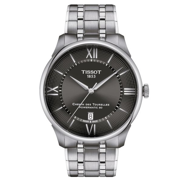 Montre Tissot T-Classic Chemin des Tourelles Powermatic 80 cadran gris bracelet acier 42 mm T139.407.11.068.00