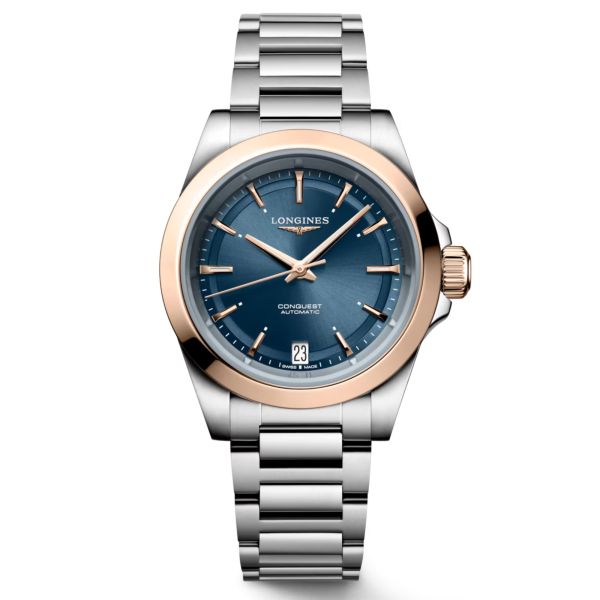 Longines Conquest automatic rose gold watch blue dial steel and rose gold bracelet 34 mm