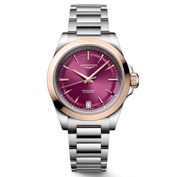 Longines Conquest automatic rose gold watch purple dial steel and rose gold bracelet 34 mm