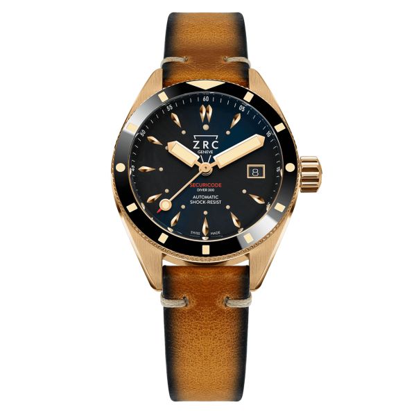 Montre ZRC Securicode Diver 300 Bronze automatique cadran noir bracelet cuir 39 mm