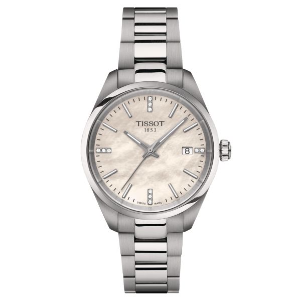 Tissot T-Classic PR 100 quartz watch white mother-of-pearl dial steel bracelet 34 mm