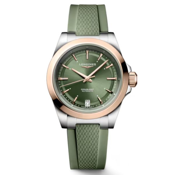 Longines Conquest automatic rose gold watch green dial green rubber strap 34 mm