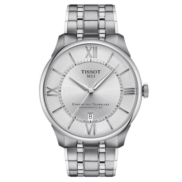 Montre Tissot T-Classic Chemin des Tourelles Powermatic 80 cadran argent bracelet acier 42 mm T139.407.11.038.00