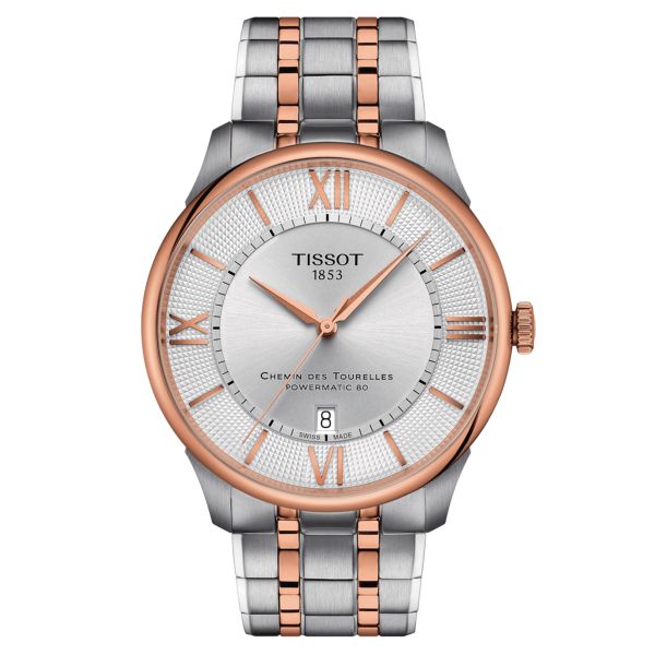 Montre Tissot T-Classic Chemin des Tourelles PVD Or Rose Powermatic 80 cadran argent bracelet acier 42 mm T139.407.22.038.00