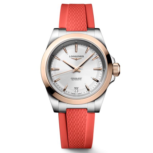 Longines Conquest automatic rose gold watch silver dial red rubber strap 34 mm L3.430.5.72.9 Lepage