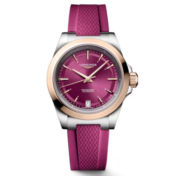 Longines Conquest automatic rose gold watch purple dial purple rubber strap 34 mm