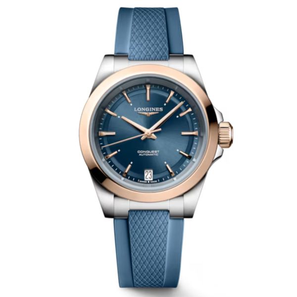 Longines Conquest automatic rose gold watch blue dial blue rubber strap 34 mm